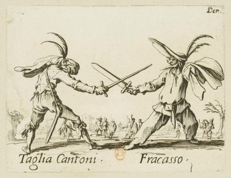 two commedia characters with masks and fighting with swords